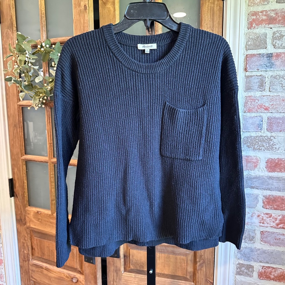 Madewell Sweater Women Black Ribbed Knit Pocket Crew Neck Classic Preppy S
